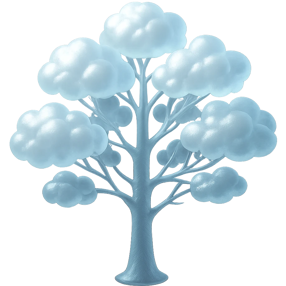 one tree with many branches and a white trunk, crown made of small very bright white fluffy convex clouds, matte glass style emoji