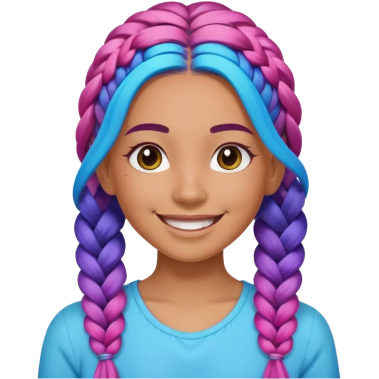 Woman with braided rainbow hair, happy — long braids fading from pink to blue emoji