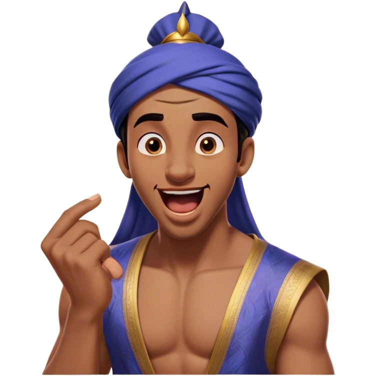 Cinematic Realistic Aladdin Portrait, head tilted slightly with a dramatic, wide-open yawn, revealing a relaxed, yet still vigilant expression. The lifelike textures of his skin and carefully rendered fabric of his attire combine with warm, ambient lighting to capture a moment of endearing, laid-back heroism. emoji