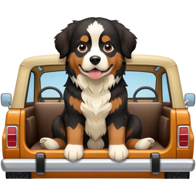 Cream colored ford bronco with no roof and an adult Bernese mountain dog in the seat emoji