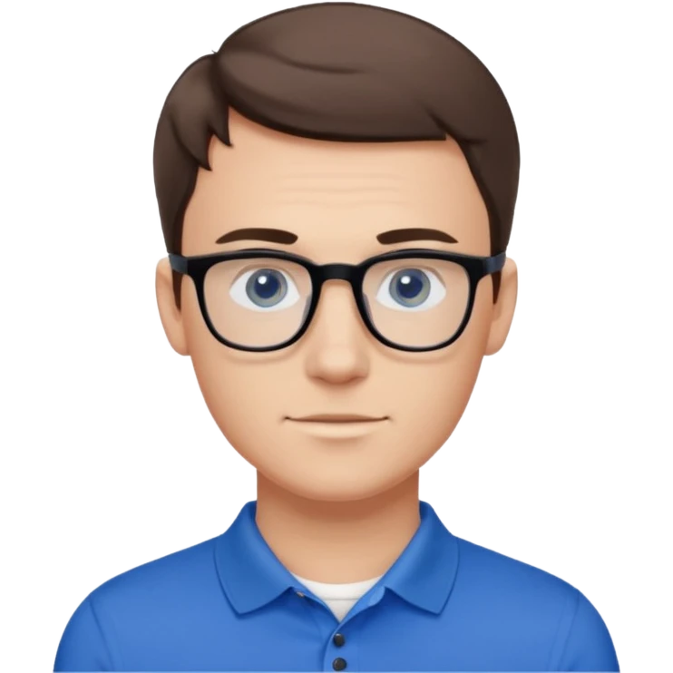 Scott The Woz Young white man, late 20s, short brown hair, blue eyes, clean-shaven, thin black rectangular glasses, slim build, wearing a blue polo shirt, friendly and energetic look. emoji