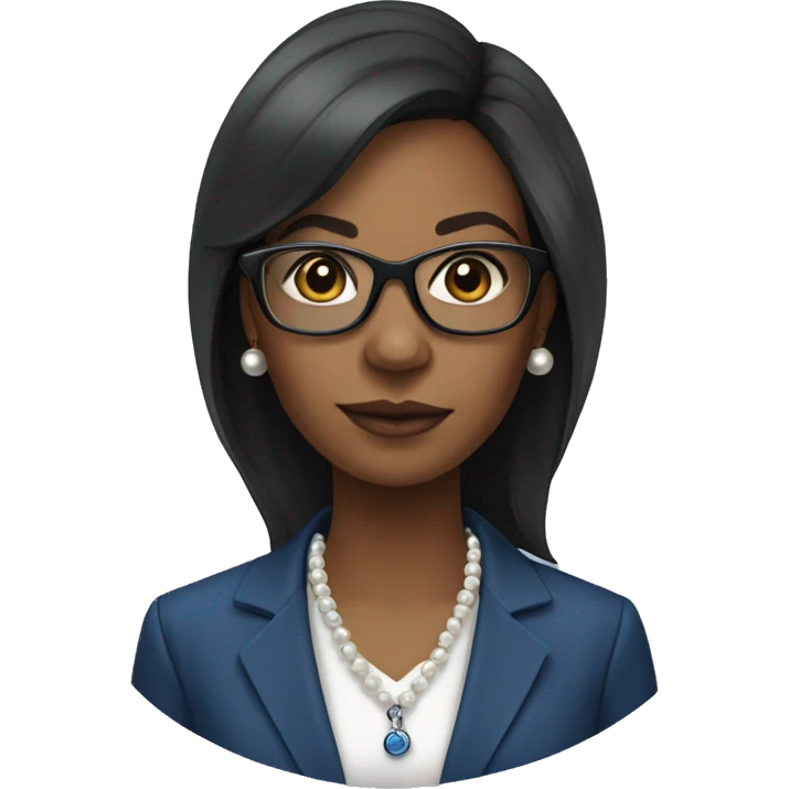 black woman ceo, black glasses, straight hair, blue blazer, pearl necklace scientist  emoji