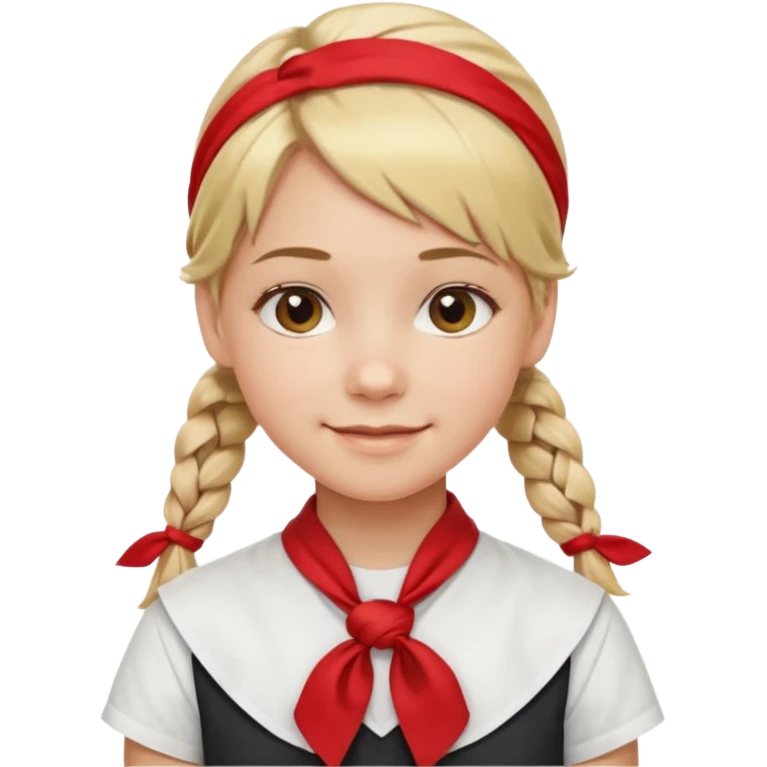 A Soviet pioneer girl emoji — smiling young girl with blonde hair tied into two short braids. She wears a white school shirt and a wide bright red pioneer neckerchief tied in a loose triangular knot at the chest (not a necktie) emoji