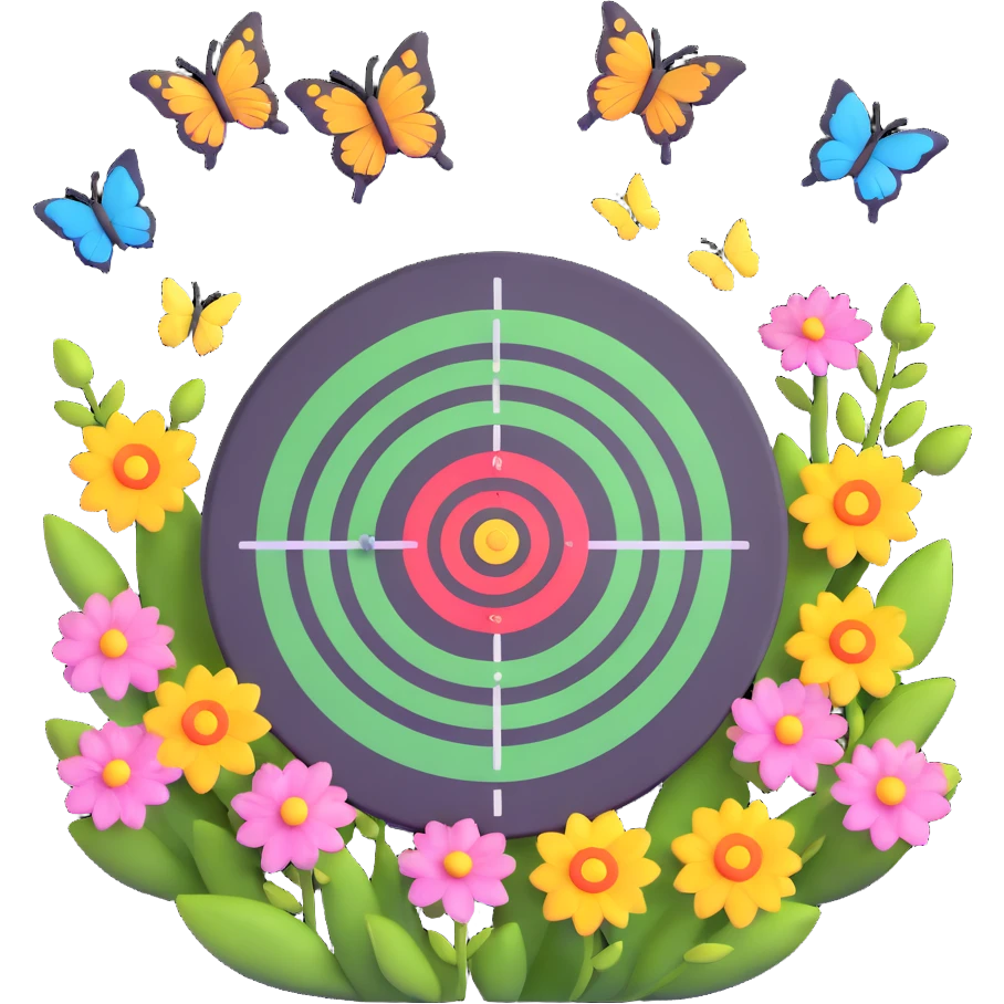 A target bullseye with butterflies and spring blossoms emoji
