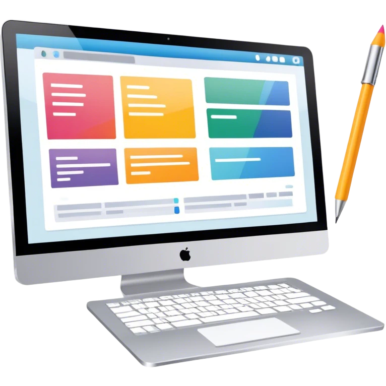 Modern icon for Web Design: a computer screen displaying a website layout, HTML code, and design tools like a stilus and color palette. Transparent background. emoji