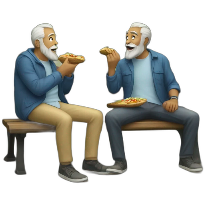 two old beard men eating shawarma on a bench on a park emoji