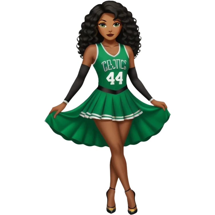 A 47-year-old dark ebony black woman with brown eyes, long body wave black brown baylaige hair dressed in sexy 
celtics jersey costume outfit and stilettos  emoji