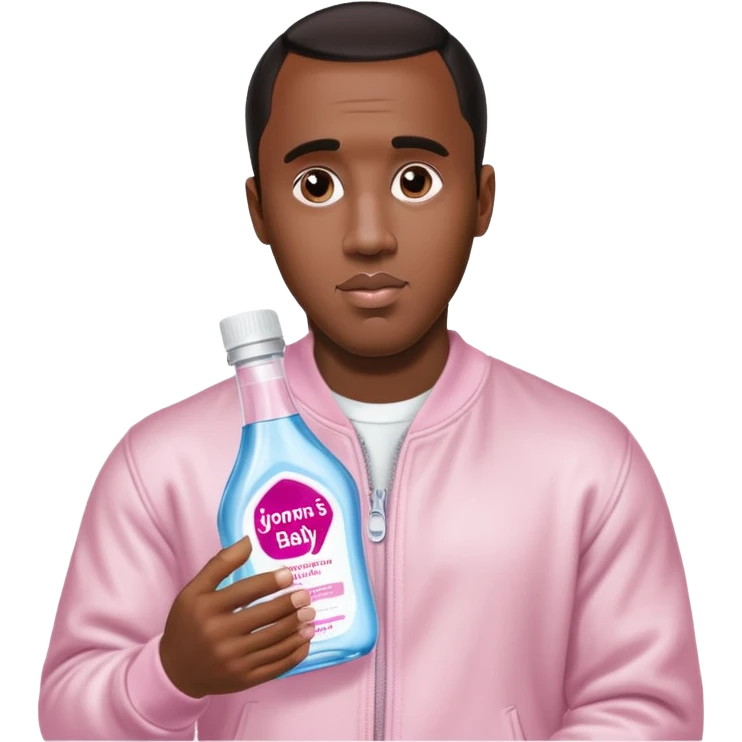 A realistic product shot of a transparent bottle of Johnson’s Baby Oil by Johnson & Johnson, featuring a soft pink label. The oil inside is crystal clear and glossy. Sean "Diddy" Combs is holding the bottle emoji