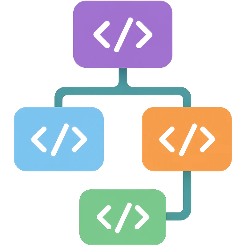 decision tree for programming with code snippets inside the nodes, colorful modern icon style emoji