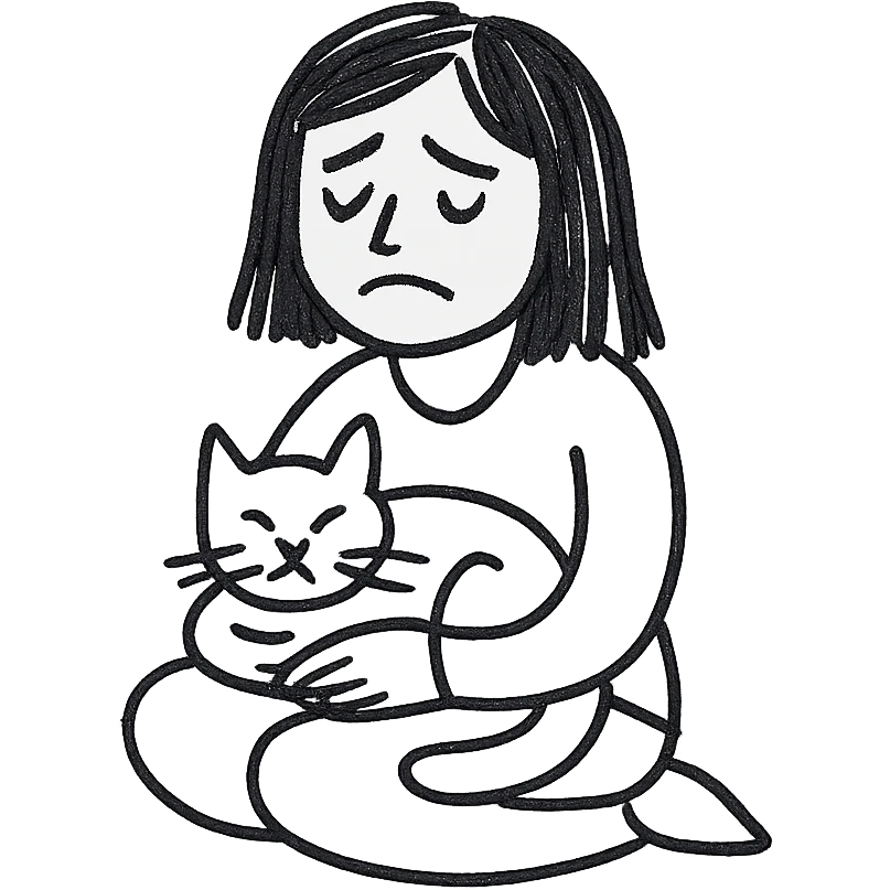 a sad brunette woman with straight hair sitting on the floor, holding a ginger cat in her lap emoji