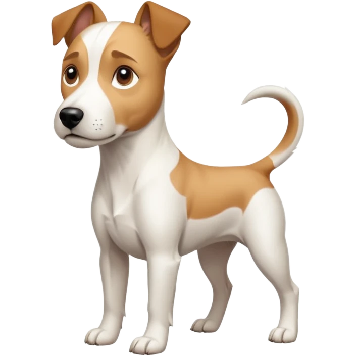 a full body facing front on of a buff white parson russell terrier looking dog the size of a kelpie with light brown long ears resting on its face and a light brown patch on one eye and a large snout. the rest of the dog is completely white.  emoji