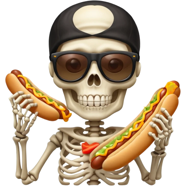 skeleton funky hair eating single hot dog emoji