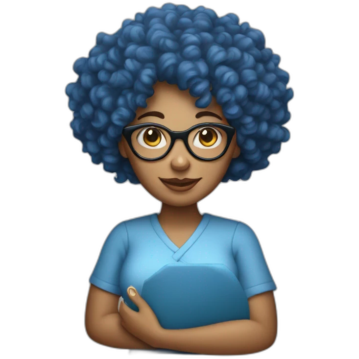 blue curly hair woman with glasses holding a ham emoji