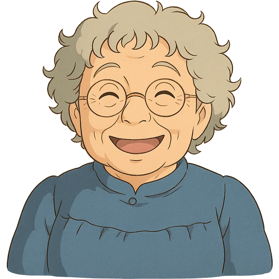 ghibli style illustration of a happy elderly Caucasian woman, grey curly hair, glasses emoji