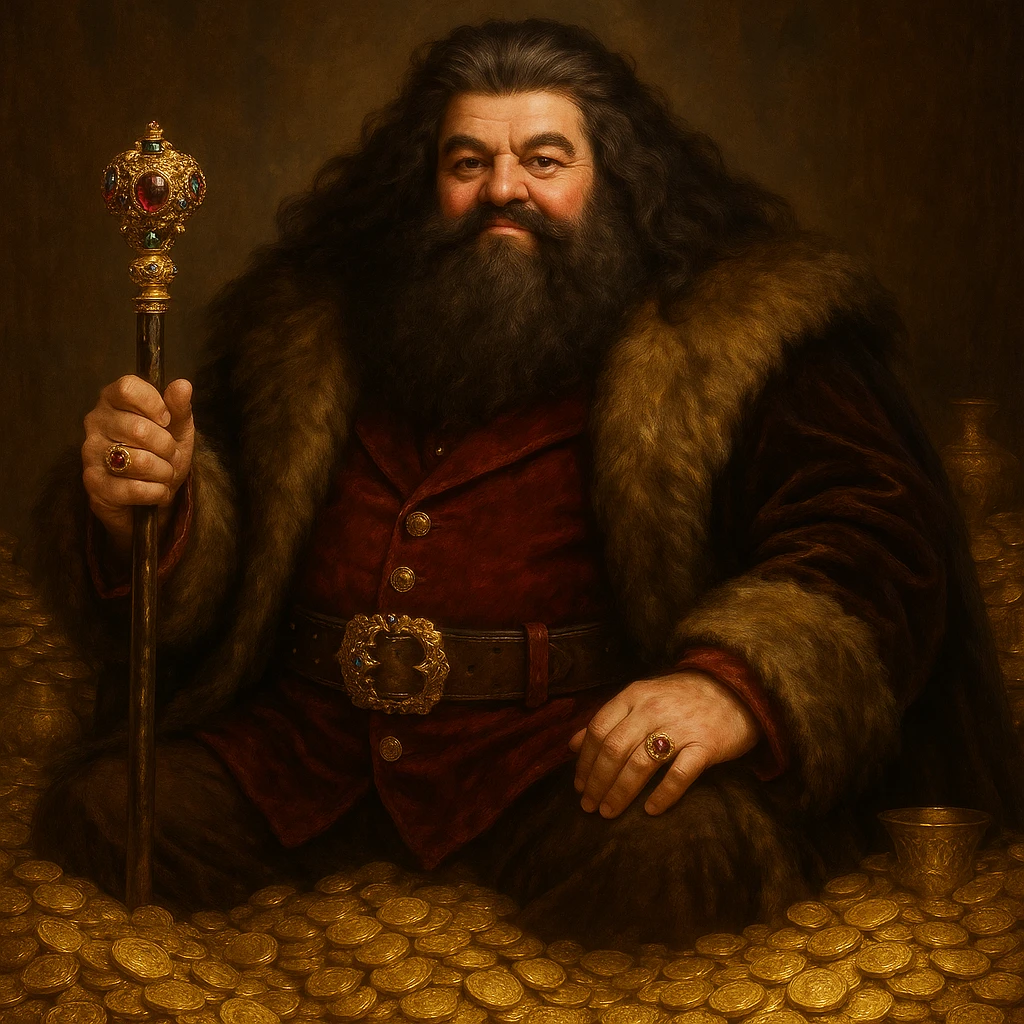 A rich, opulent version of Hagrid with a jeweled cane and a fur-lined cloak, surrounded by gold coins, detailed, fantasy art emoji
