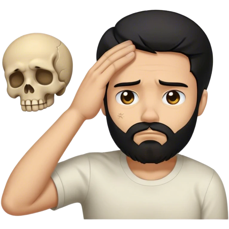 Facepalm emoji with disappointed expression, cartoon skull beside, trimmed beard, medium-length black hair, short sides, hair forward emoji