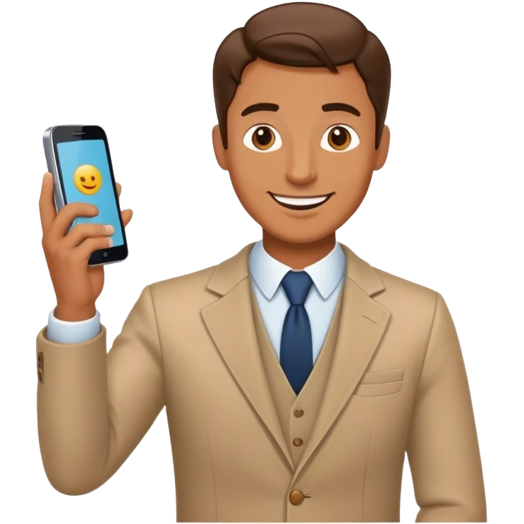 hombre bien vestido feliz teniendo una llamada con un iphone emoji