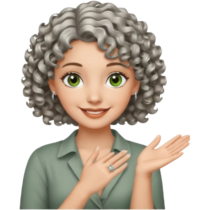 silver, short, wavy-haired with curls, smiling pretty lady, 2 fingers crossed on one hand, green/brown eyes emoji