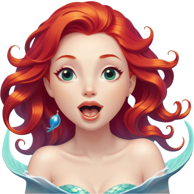 Cinematic Realistic Red Hair Mermaid Portrait, head tilted slightly with a dramatic, wide-open yawn, revealing a tender, relaxed visage with delicately detailed porcelain skin and vibrant, cascading red hair softly billowing around her. Her dreamy eyes exude a serene, aquatic charm, rendered with gentle underwater lighting and high shine—capturing the essence of a drowsy yet mesmerizing mermaid drifting into a tranquil slumber beneath the sea. emoji