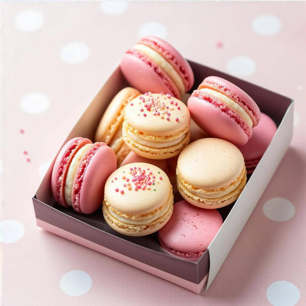 a box of assorted pink and cream macarons, some with sprinkles and stripes, on a soft pink background with polka dots emoji