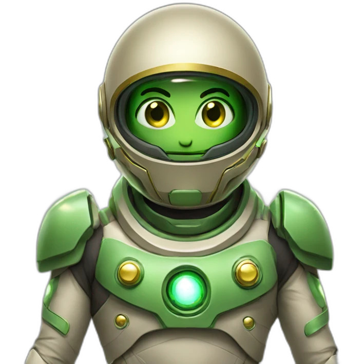 the energy-man-star with big green eyes. Dressed in a khaki spacesuit with gold accents emoji