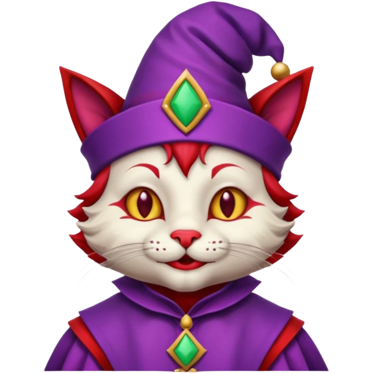 crazy colorful cute little cat jolly joker from poker, medieval, vintage, court jester, mac os icon, purple and red color, half body emoji