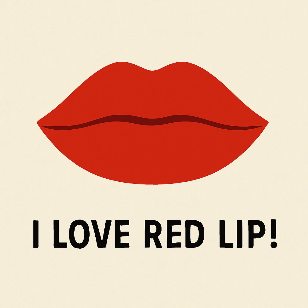 minimalist illustration of a closed mouth with matte red lips, bold colors, and the text 'I love red lip!' included emoji