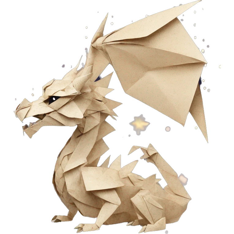Sparkling patterned Beige Origami dragon with a dried flower crown made of newspapers intricate patterns surrounded by fairy lights nebula galaxy stars swirls emoji