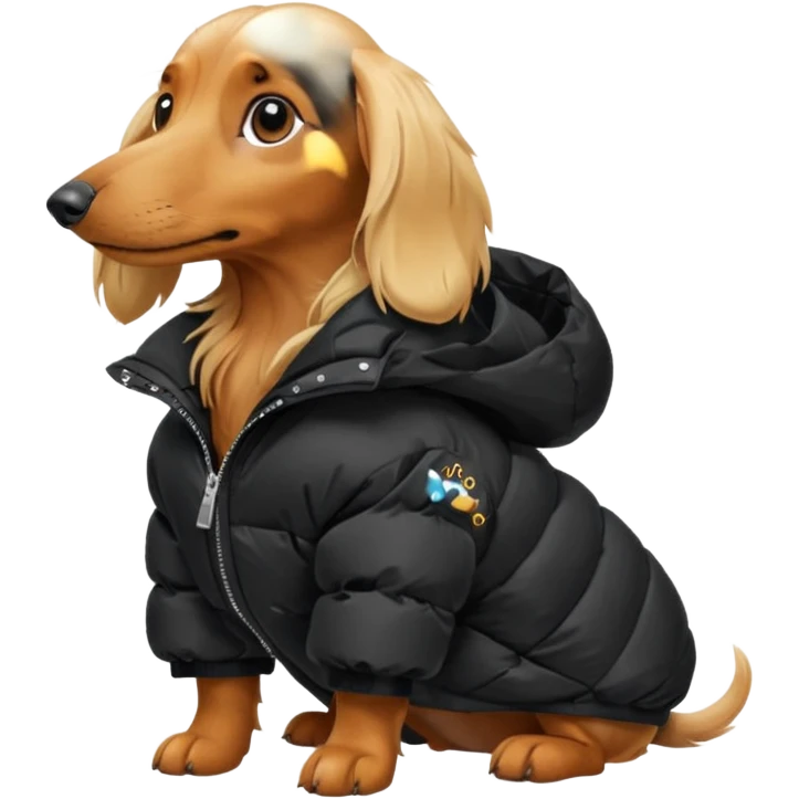 Long hair blonde Daschund dog in oversized black puffer  emoji