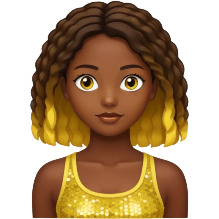 Sasha from Bratz with long light dark brown hair, dark skin, hazel eyes, yellow sequin crop top emoji
