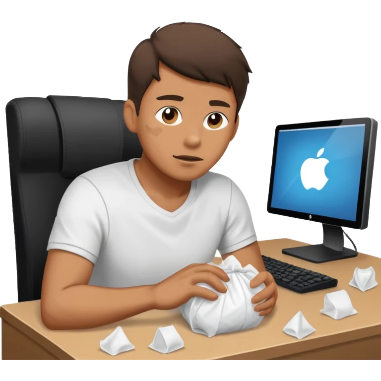 Man sitting at a pc gaming set up with balled up tissues all over the place  emoji