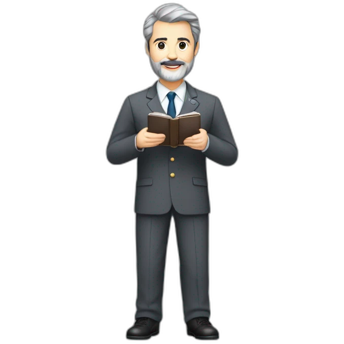 husband classy caucasian 55 some dark gray hair trimmed beard wearing business suit holding bible, with wife asian age 55 dark hair nurse uniform, no children emoji