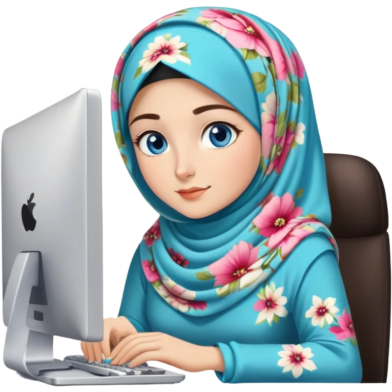 Turkish beautiful finish Konya girl blue eyes and floral hijab and dress and she work on office with computer emoji