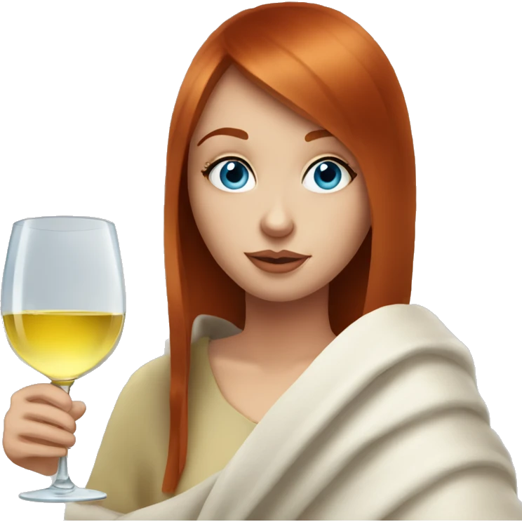Redhead girl with straight bangs and blue eyes drink white wine under blanket emoji