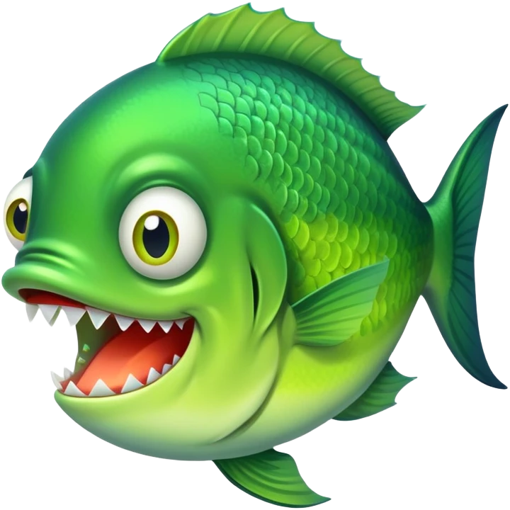 super derpy bright green fish shown from side profile facing right, but with both bulging eyes comically looking at viewer, buck teeth, drooling mouth, flat 2D side view only emoji