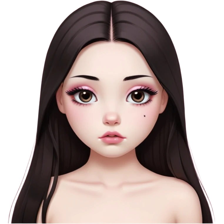 girl with white skin, dark brown long realistic straight hair with middle part prominently falling in front of her body over her shoulders, very big pouty extra shiny lips with absolutely no cupid's bow, big round eyes with very black shiny eyeballs and huge eyelashes, no eyeshadow, pink blush on cheeks, lighter button nose, extremely long oval-shaped face, wearing a pink off-shoulder top, looking directly at camera with hands down at sides emoji