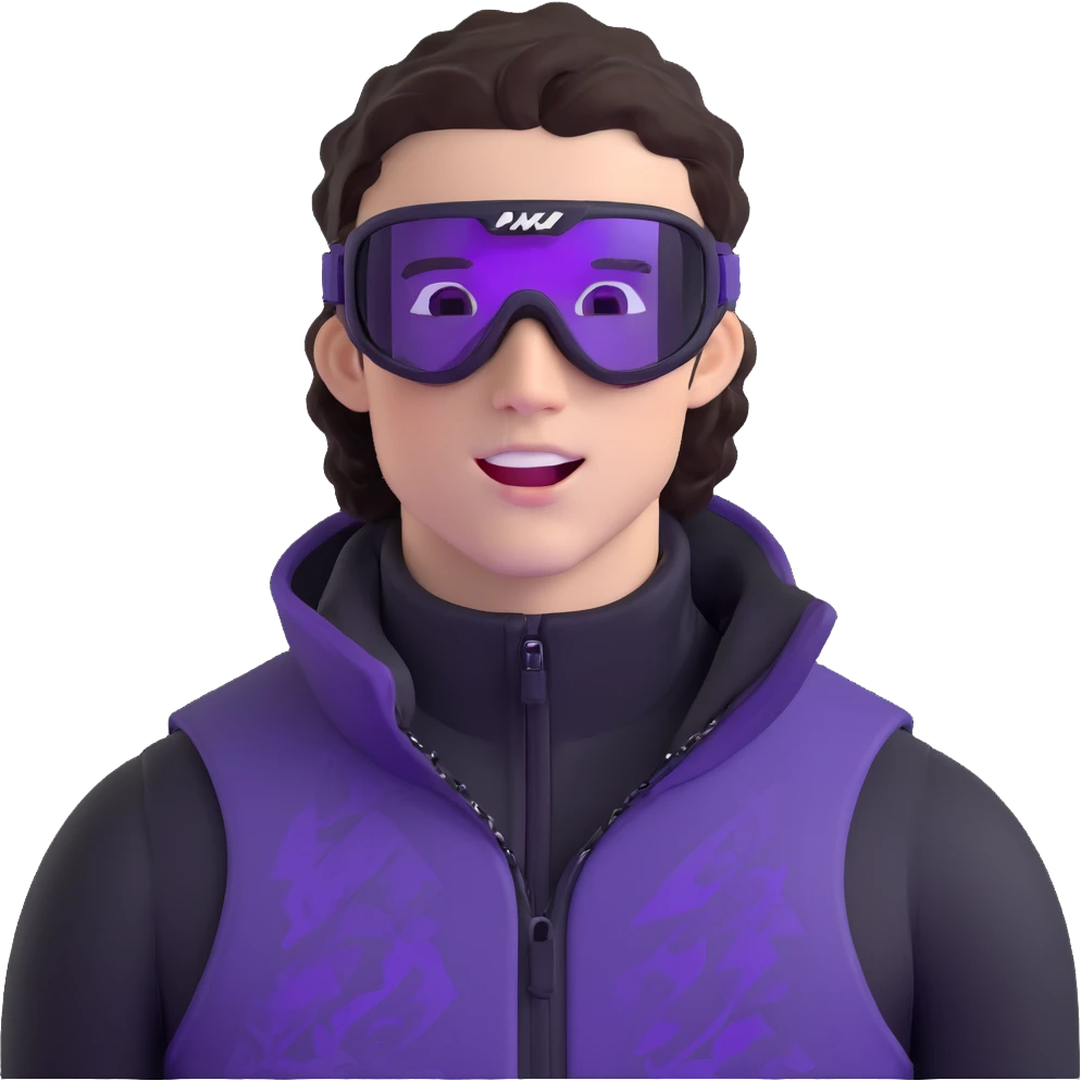 close-up of bad guy male athlete with white skin and moderately curly dark brown hair on top with shaved sides, wearing ski goggles with purple frames and very dark black lenses, a simple plain black chain necklace, and a completely unzipped sleeveless vest with purple and black sequin fire pattern design with no logo, with an extremely arrogant expression sticking his tongue out mockingly, looking menacing and villainous emoji