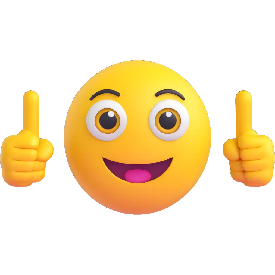 A yellow round emoji character with big eyes and a confident smile, clearly pointing both index fingers at itself. Strong “ME!” expression. Bold cartoon style, isolated on white emoji