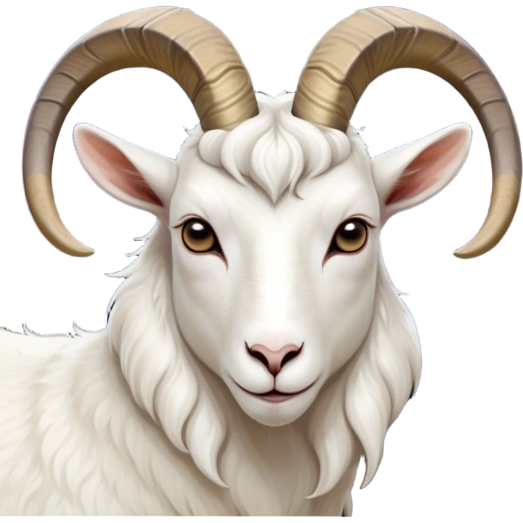 Cinematic Noble White Goat Portrait Emoji, Poised and regal, with a sturdy, agile build and a pristine, smooth white fur accented by gracefully curved horns, deep-set soulful dark eyes, Simplified yet sharp and sophisticated features, highly detailed, glowing with a soft, dignified glow, high shine, intelligent and spirited, stylized with an air of pastoral elegance, focused and attentive, soft glowing outline, capturing the essence of a watchful and confident goat, so majestic it feels as though it could leap out of the screen with effortless authority! emoji