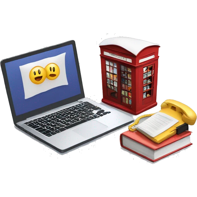 Laptop, books and small telephone box  emoji