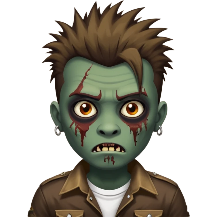 Um garoto zombie de cabelo castanho escuro, com o cabelo chegando no pescoço, punk, com olhos castanhos esverdeados, de camisa branca emoji
