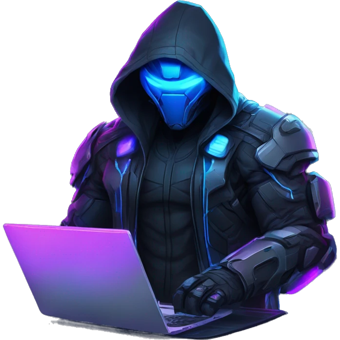 developer behind his laptop with this style : crysis Cyberpunk Valorant neon glowing bright blue character blue black hooded assassin themed character emoji