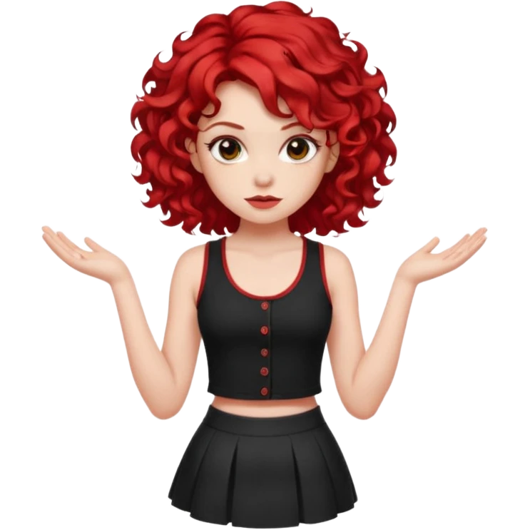 red haired girl with 2 big curls on the sides of her hair with a button up black tank top with red accents and a short skirt with red end emoji