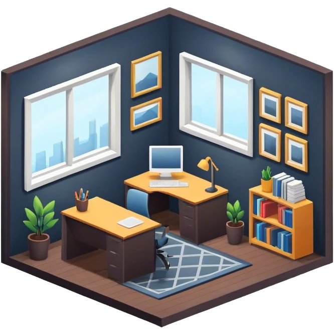 An isometric 3D room with two walls that meet at the back left and right and a Window. Dark Colors. Home Office emoji