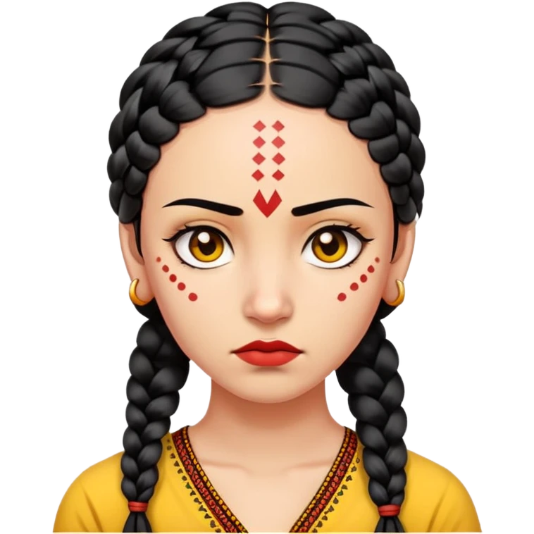 nữ 25 tuổi, da vàng, tóc đen tết buộc dài, có chấm đỏ bindi trên trán, mặt cáu  emoji