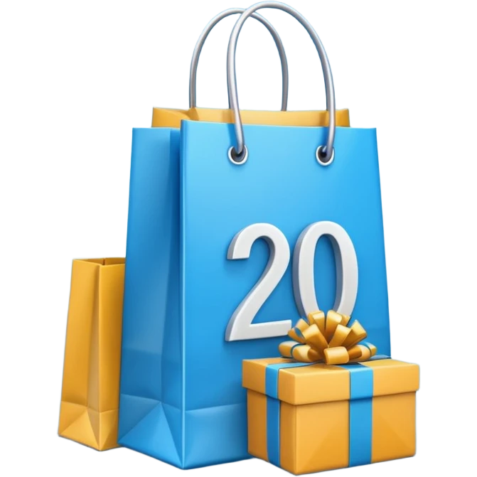 Shopping bags and gift boxes with blue colored , and 20% sign emoji