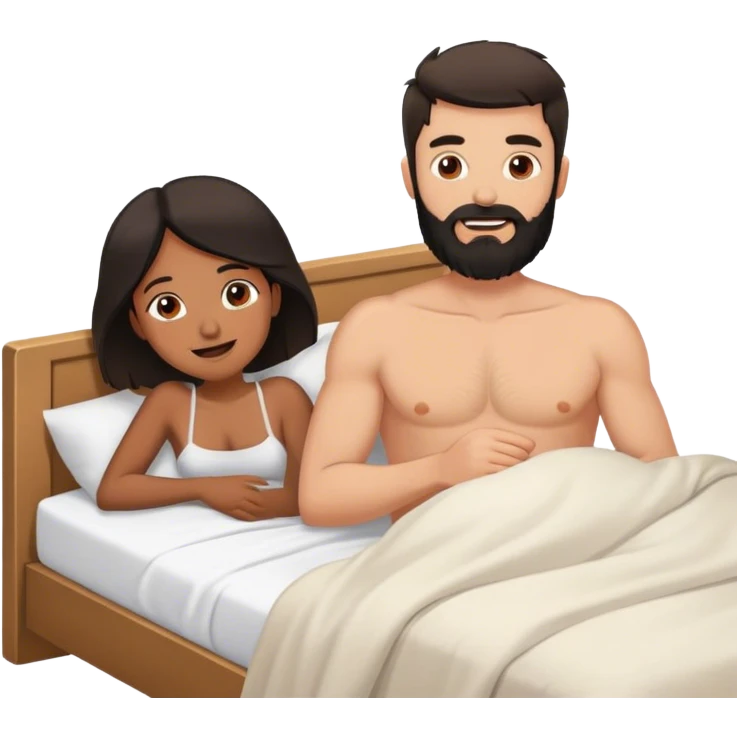 shirtless white man with black beard waking up out of bed happy with brown girl by him emoji