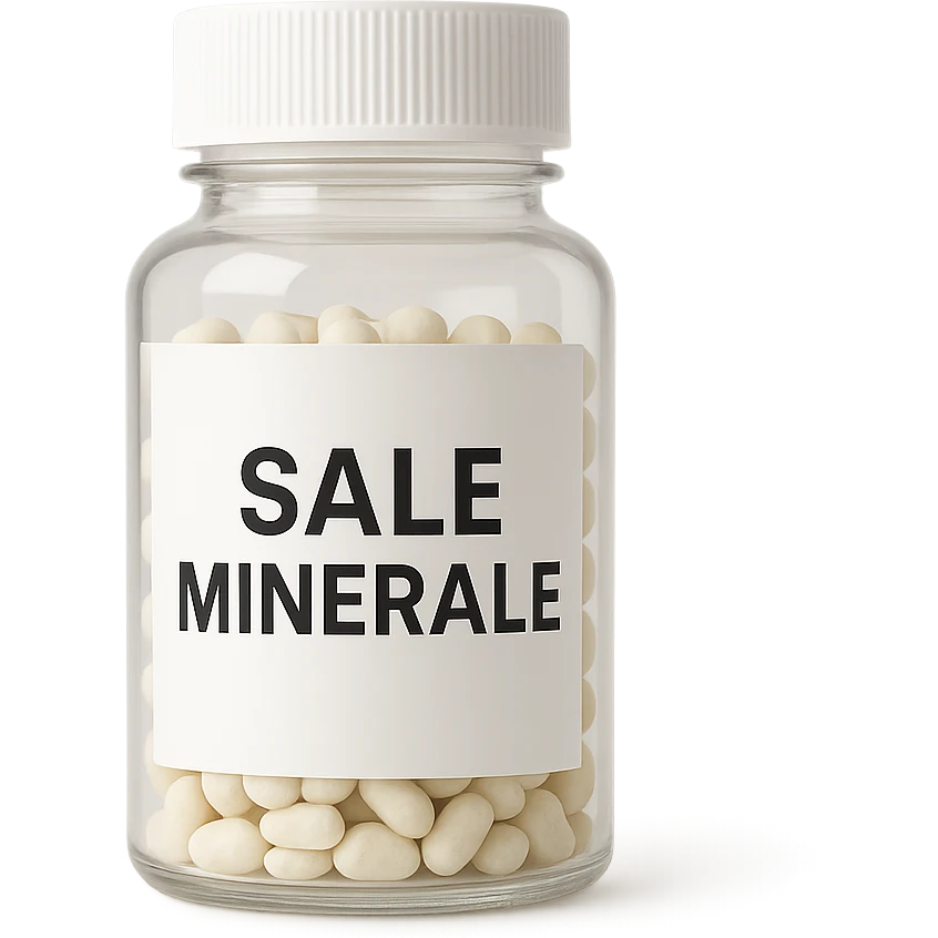 boccetta di integratore con la scritta "SALE MINERALE" SULL'ETICHETTA emoji