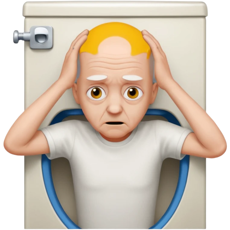 A bald person who’s very old is staring, he’s inside a toilet and his head is upright and looking at the camera with very wide eyes and his hands are putting pressure on his head, very scared expression emoji