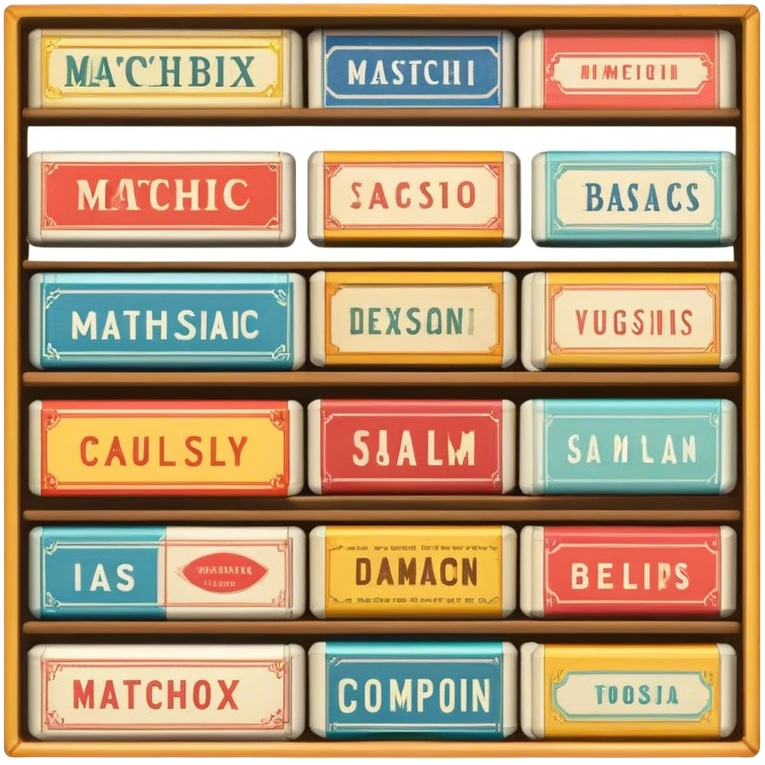 Icon for Matchbox Collecting: a collection of vintage and colorful matchboxes from different places, neatly displayed in a row or in a display case. The icon should reflect the uniqueness and diversity of matchbox collecting. Transparent background. emoji